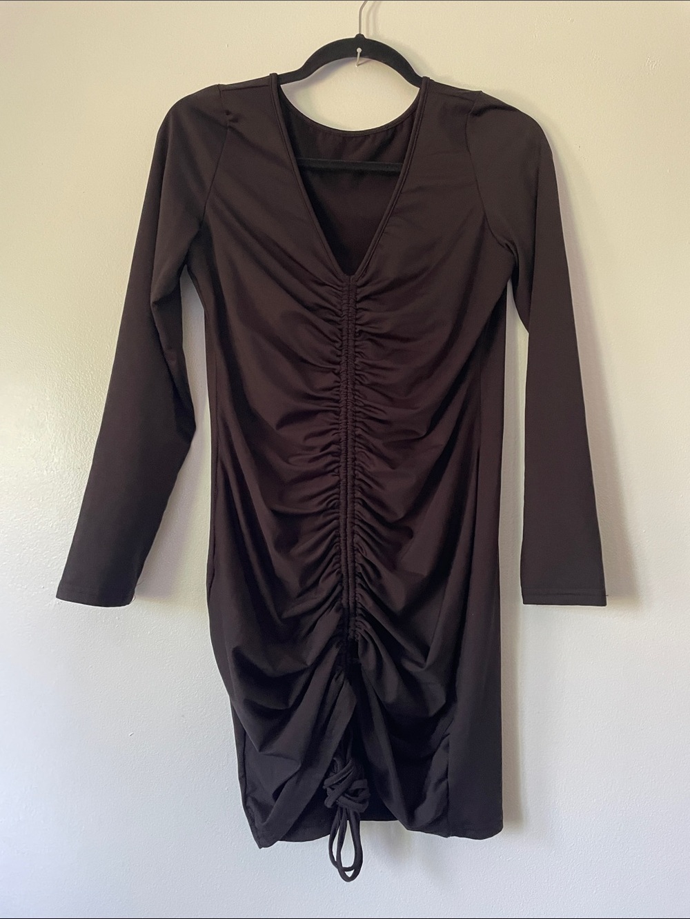 Black Ruched V-Neck Long Sleeve Dress with Tie Size XL